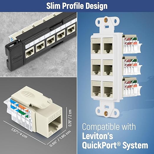Everest 45° Angled RJ45 Cat6 Keystone Jacks 50-Pack in Ivory - Slim Profile Female RJ45 Connectors - Cat 6 Keystone Jack - Compatible with 45° Angled Speed Termination Tool - 45Term (B0BL3GS7ZY)