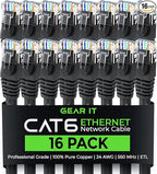 GEARit Cat 6 Ethernet Cable (16-Pack 1 Foot) Cat6 Network Patch, 10Gbps, RJ45, Snagless Cord, Gold-Plated Connectors, Internet for PC, TV, Tablet, Router, Printer, Servers, IT Data Center - Black
