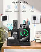 Wireless Charger with Desk Organizer, Pen Pencil Holder, Multifunctional Desktop Organizer, Office Supplies and Desk Accessories Organizer with 3 Compartments and 1 Phone Stand, PU Black
