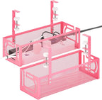 Under Desk Cable Management Tray, 15.7'' No Drill Steel Desk Cable Organizers, Wire Management Tray Cable Management Rack (2 Pack-Pink)