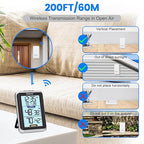 GEEVON Indoor Outdoor Thermometer Wireless Digital Hygrometer Temperature and Humidity Gauge with Time, 200ft/60m Range Temperature Humidity Sensor (Black)