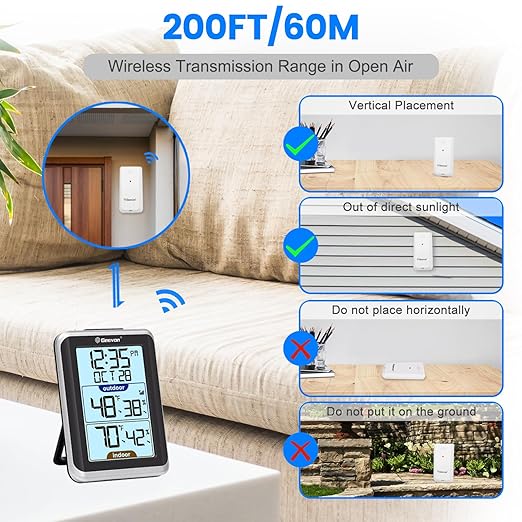 GEEVON Indoor Outdoor Thermometer Wireless Digital Hygrometer Temperature and Humidity Gauge with Time, 200ft/60m Range Temperature Humidity Sensor (Black)