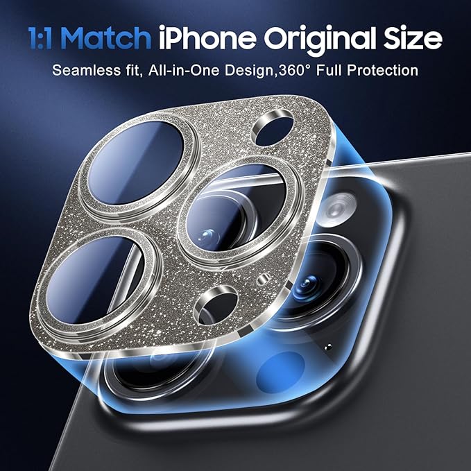 UniqueMe for 3 Pack iPhone 16 Pro/iPhone 16 Pro Max Camera Lens Protector - [Drop Protection] [Case Friendly] 9H Tempered Glass Camera Cover Screen [Update New Version] - Glitter Black
