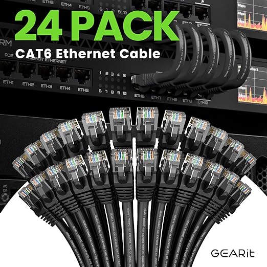 GEARit Cat 6 Ethernet Cable Pack - 24-Pack 1 ft Cat6 Ethernet Patch Cables | RJ45 Network Patch Cable, 10 Gbps Snagless Gold-Plated Connectors - Ethernet Cable Cat 6 for PC, TV, Router - Black