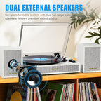 Vinyl Record Player with External Speakers, 3 Speed Vintage Belt Drive Turntable Record Player with Stereo Speakers RCA Audio Out and Aux-in, White Wood