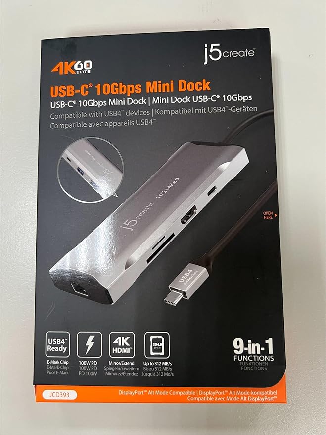 j5create Laptop Docking Station, 9-in-1, 4K60Hz HDMI, USB-C 10Gbps, 2 USB-A 10Gbps, 100W PD with USB-C 5Gbps, Ethernet, SD 4.0 Card Reader, for MacBook, XPS, Surface Pro (JCD393)