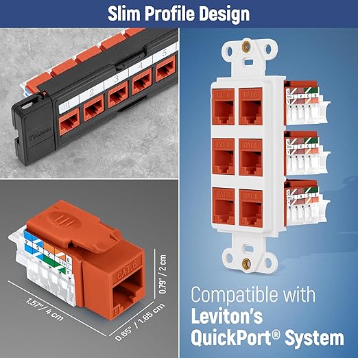 Everest 45° Angled RJ45 Cat6 Keystone Jacks 20-Pack in Orange - Slim Profile Female RJ45 Connectors - Cat 6 Keystone Jack - Compatible with 45° Angled Speed Termination Tool - 45Term (B0BL3GS7ZY)