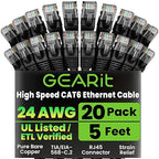 GearIT Cat 6 Ethernet Cable Pack - 20-Pack 5 ft Cat6 Ethernet Patch Cables | RJ45 Network Patch Cable, 10 Gbps Snagless Gold-Plated Connectors - Ethernet Cable Cat 6 for PC, TV, Router - Black