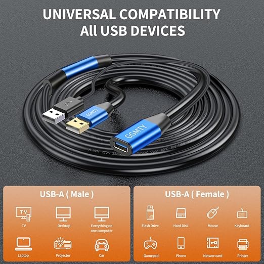 USB 2.0 Type A Male to A Female Active Repeater Extension Cable 65ft, High Speed 480 Mbps
