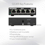 NETGEAR 5-Port Gigabit Ethernet Unmanaged Essentials Switch (GS305) - Home Network Hub, Office Ethernet Splitter, Plug-and-Play, Silent Operation, Desktop or Wall Mount