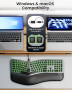 seenda 7-Color Backlit Wired Ergonomic Keyboard, KUW01 USB & Type-C Wired Split Keyboard, Cushioned Wrist Rest, Full Size with NumPad, Compatible for Windows, macOS, PC, Laptop, MacBook - Black Gray