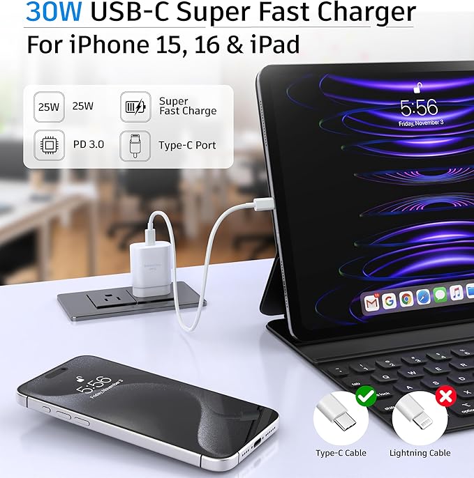 Phone 15 16 Charger, 30W Super Fast Charging, USB C Block Type C Cable Cord 10ft for iPhone iPhone 16,16 Plus,16 Pro,16 Pro Max, iPhone 15, iPad Pro 12.9/11, Galaxy S24,S23-2Pack
