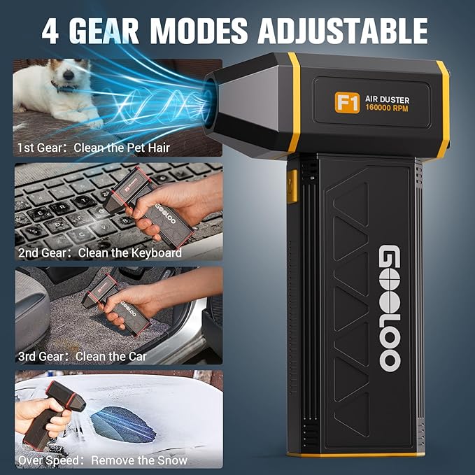 GOOLOO F1 Electric Air Duster with Mini Vacuum, 3 Gear Adjustable 160000 RPM Compressed Air Duster, Mini Blower for Keyboard PC Car, Cordless Rechargeable Air Blower,Yellow