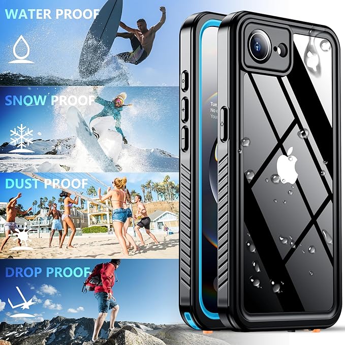 SPIDERCASE for iPhone 16e Case Waterproof,Built-in Screen & Camera Lens Protector[IP68 Underwater] [Military Grade Shockproof] Cell Phone Home Button Stickers, Blue/Clear