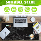 Desk Mat, Black Japanese Sea Wave Desk Pad, Extended Big Computer Keyboard Mouse Pad with Non-Slip Base and Stitched Edge, 35.4"x15.7"