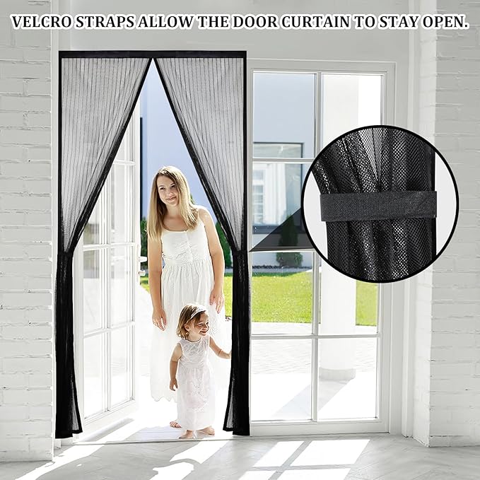 Magnetic Screen Door - Self Sealing, Heavy Duty, Hands Free Mesh Partition Keeps Bugs Out Let Breeze in- Pet and Kid Friendly - Keep Open Feature (Black, Fit Door Size 39 x 82 Inch)