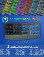Wireless Keyboard with 7 Colored Backlit, Wrist Rest, Phone Holder, Rechargeable Ergonomic Computer Keyboard with Silent Key, Full Size Lighted Keyboard for Windows, MacBook, PC, Laptop (Gray)