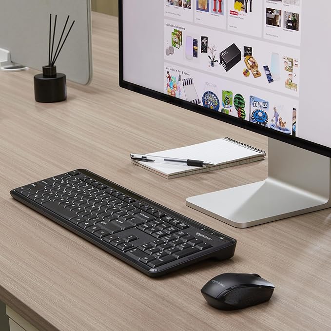 Amazon Basics 2.4GHz Wireless Keyboard and Mouse Combo, Quiet and Compact US Layout, Unifying USB Receiver, Black