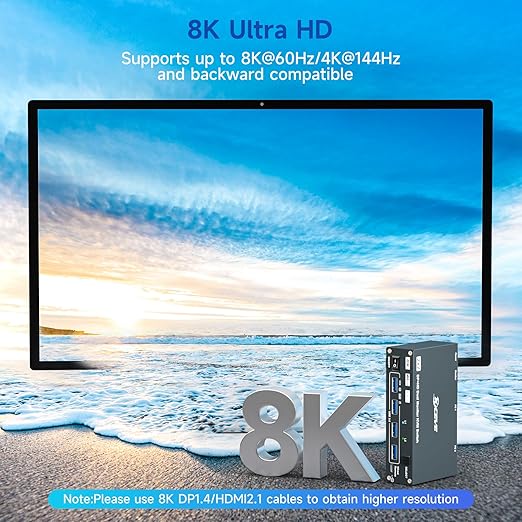 HDMI Displayport Hybird KVM Switch 2 Monitors 2 Computers 8K@60Hz 4K@144Hz, Aluminum Dual Monitor KVM Switches for 2 PC Share 2 Monitor and 4 USB Devices, Support Extended/Copy Mode,Cables Included