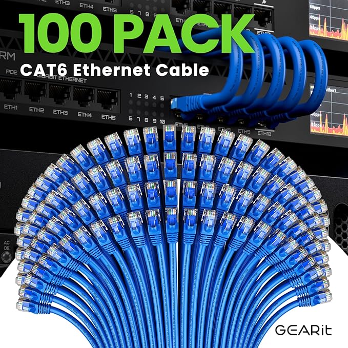 GEARit Cat 6 Ethernet Cable (100-Pack 1.5 Feet) Cat6 Network Patch, 10Gbps, RJ45, Snagless Cord, Gold-Plated Connectors, Internet for PC, TV, Tablet, Router, Printer, Servers, IT Data Center - Blue