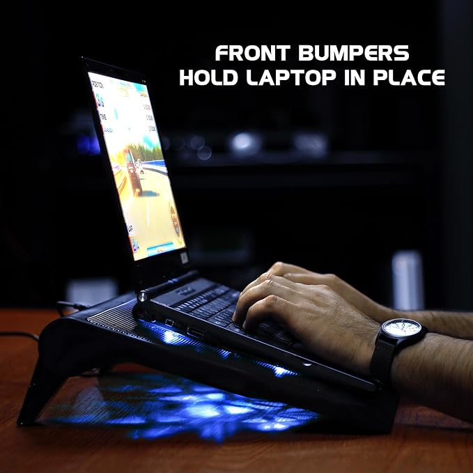 ENHANCE Gaming Laptop Cooling Pad Stand with LED Cooler Fans , Adjustable Height , & Dual USB Port for 17 inch Laptops - 5 Ultra Quiet High Performance Fans 2630 RPM & Built-In Bumpers - Blue