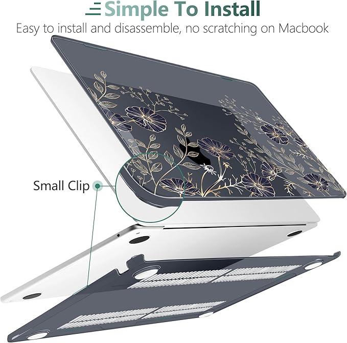 TWOLSKOO Compatible with M4 MacBook Air 13.6 inch Case 2025-2022 Release M4 A3240 M3 A3113 M2 A2681, Plastic Hard Shell & Keyboard Cover & Type C Adapter & Screen Protector, Golden Flowers