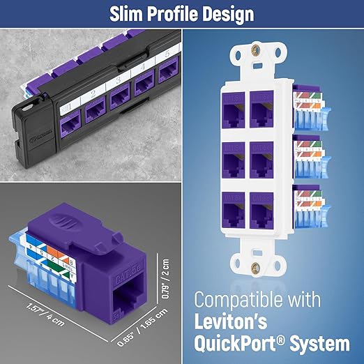 Everest 45° Angled RJ45 Cat5e Keystone Jacks 50-Pack in Purple - Slim Profile Female RJ45 Connectors - Cat 5e Keystone Jack - Compatible with 45° Angled Speed Termination Tool - 45Term (B0BL3GS7ZY)