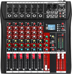 6 Channel Audio Mixer, Professional Music Mixer Board DJ Mixing Console with Bluetooth, USB/MP3 Player, Reverb, and 48V Phantom Power for Studio Recording, Karaoke, and Live Performances
