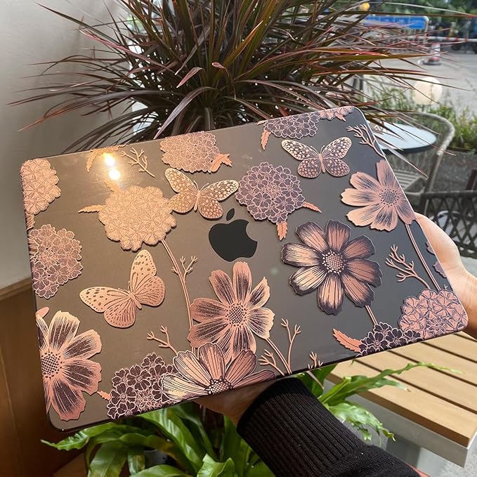 Teryeefi for MacBook Air M2 M3 M4 13.6 Case 2022 2023 2024 2025 Release A2681 A3113 A3240, Clear Hard Shell with Keyboard Cover & USB 3.0 Adapter & Screen Protector, Gold Floral Butterfly