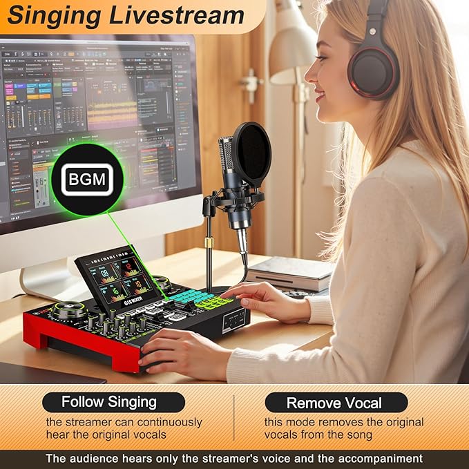 Podcast Equipment Bundle with Live Sound Card Audio Mixer, 3.5mm Condenser Microphone for PC/Phone Streaming and Singing, Podcast Microphone Bundle with Voice Changer sound board