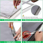 4 in 1 Window Screen Repair Tool Kit,Including 32Ft Spline(Diameter 0.137IN),Steel Roller Tool with Bearing,Spline Removal Hook and High Quality Scissors,for Installing Door and Window Mesh Screens.