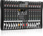 Audio Mixer 12 Channel Professional Mixer Console with 320 DSP Effects, 7-band EQ Sound Mixing Board Digital DJ Mixer w/USB Bluetooth MP3 for Recording, Independent 48V Power & Mute Button