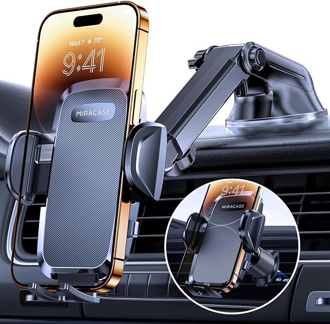 Miracase Phone Holders for Your Car, [Thick Case & Heavy Phone Friendly] Universal Cell Phone Car Mount, 3-in-1 Phone Mount for Car Dashboard Windshield Air Vent Fit for All Smartphones