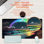 Desk Mat, Rainbow and Full Moon Desk Pad, Beach at Night Large Gaming Mouse Pad for Desk, 31.5"x15.7" Extended Big Computer Keyboard Mouse Pad with Non-Slip Base and Stitched Edge