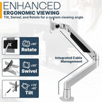 Premium Height Adjustable Single Monitor Arm Stand: Desk/Grommet Mount, Gas Spring Lift, VESA 75x75 or 100x100mm, Flat Curved Ultrawide Computer Screens up to 49in and 44lbs, Silver