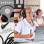 Classroom Headphones-Bulk 10-Pack, with Microphone Student On Ear Comfy Swivel Earphones for Library, School, Airplane, Kids-for Online Learning and Travel, HQ Stereo Sound 3.5mm Jack (Black)