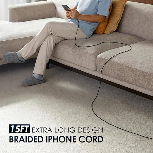 Extra Long iPhone Charger Cord 15FT 2Pack, Apple MFi Certified USB A to Lightning Cable Braided Fast Charging Cord Compatible with iPhone14/13/12/11 Pro Max/Pro/XS Max/XS/XR/X/8 Plus/8/7/iPad/iPod