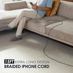 Extra Long iPhone Charger Cord 15FT 2Pack, Apple MFi Certified USB A to Lightning Cable Braided Fast Charging Cord Compatible with iPhone14/13/12/11 Pro Max/Pro/XS Max/XS/XR/X/8 Plus/8/7/iPad/iPod