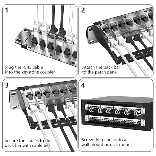 Jadaol 24 Port Shielded Patch Panel Rack or Wall Mount 19-Inch, 1U Cat6A Network Panel Preloaded with 24 Keystone Couplers Plus 1 Spare, 10Gbps Ethernet Panel with Cable Management & Back Support Bar