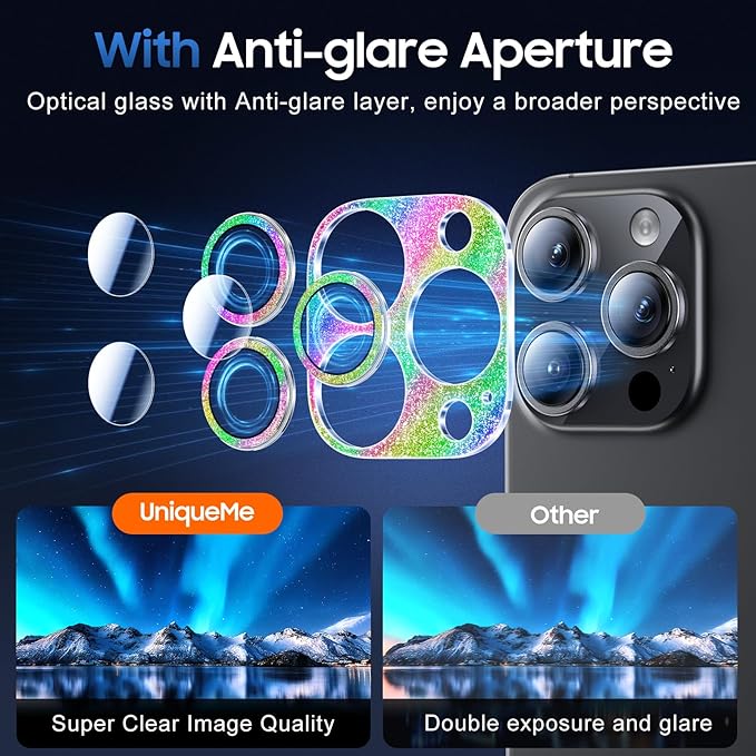 UniqueMe for 3 Pack iPhone 16 Pro/iPhone 16 Pro Max Camera Lens Protector - [Drop Protection] [Case Friendly] 9H Tempered Glass Camera Cover Screen [Update New Version] - Glitter Colorful