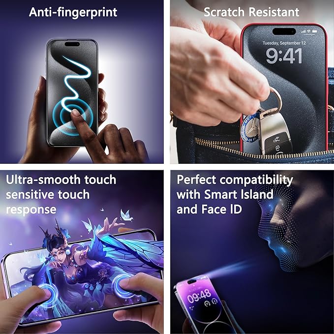(2-Pack Anti-Spy Privacy Screen Protector for iPhone 14 Pro/15/16(6.1-Inch),9H Tempered Glass,Full Coverage,Anti-Fingerprint,Auto Dust Removal,Bubble-Free,Easy Installation