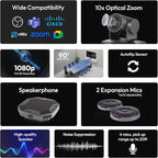 Teams Video Conferencing System – Full HD 1080p PTZ Camera with 10x Optical Zoom, 360° Omnidirectional Speakerphone, Noise Cancellation, Plug-and-Play USB, Zoom & Microsoft Teams Compatible