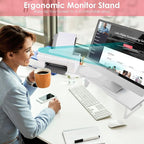 Dual-Monitor-Riser-Stand-For-Desk, Large Monitor Stand Riser For 2 Monitors With Adjustable Length Angle, Double Computer Riser For Desktop Organizer, Monitor Shelf Riser