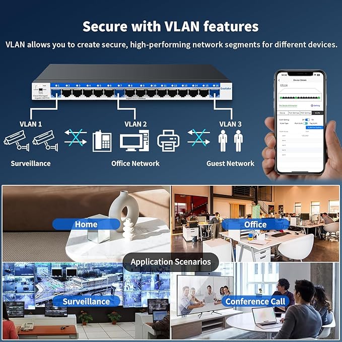 16 Port Gigabit Switch, Easy Smart Managed Ethernet Switch, Network Hub, Ethernet Splitter, Plug & Play, Fanless Metal Design, VLAN, Qos, Desktop or Wall Mount