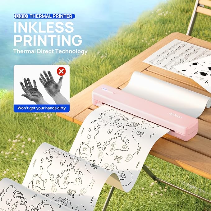 POLONO Portable Printer Wireless for Travel, D810 Bluetooth Thermal Printer Support for 8.5"x11" US Letter, Inkless Compatible with iOS, Android, Laptop for Office, Car and Home, Pink