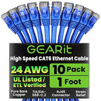 GearIT Cat 6 Ethernet Cable Pack - 10-Pack 1 ft Cat6 Ethernet Patch Cables | RJ45 Network Patch Cable, 10 Gbps Snagless Gold-Plated Connectors - Ethernet Cable Cat 6 for PC, TV, Router - Blue