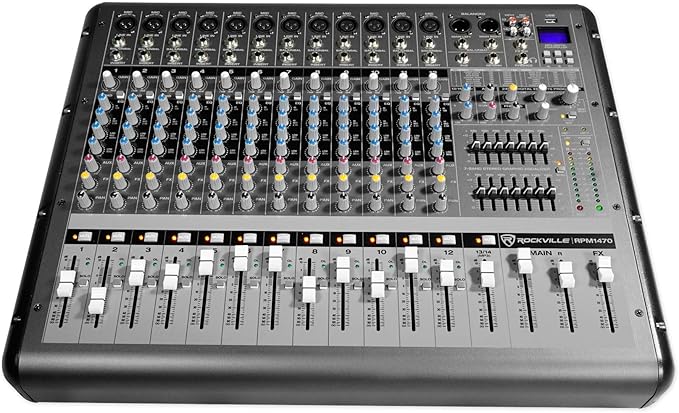 Rockville RPM1470 6000W Peak 14-Channel Powered Mixer, 750W RMS x 2 at 4 Ohm, USB/Bluetooth, 24-Bit Effects, 14 XDR2 Mic Preamps, for Live Events/Church Bands