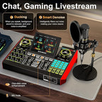 Podcast microphone bundle, live sound card, streaming audio mixer, podcast equipment bundle for PC/mobile live streaming, singing, gaming, soundboard with voice changer and noise reduction function