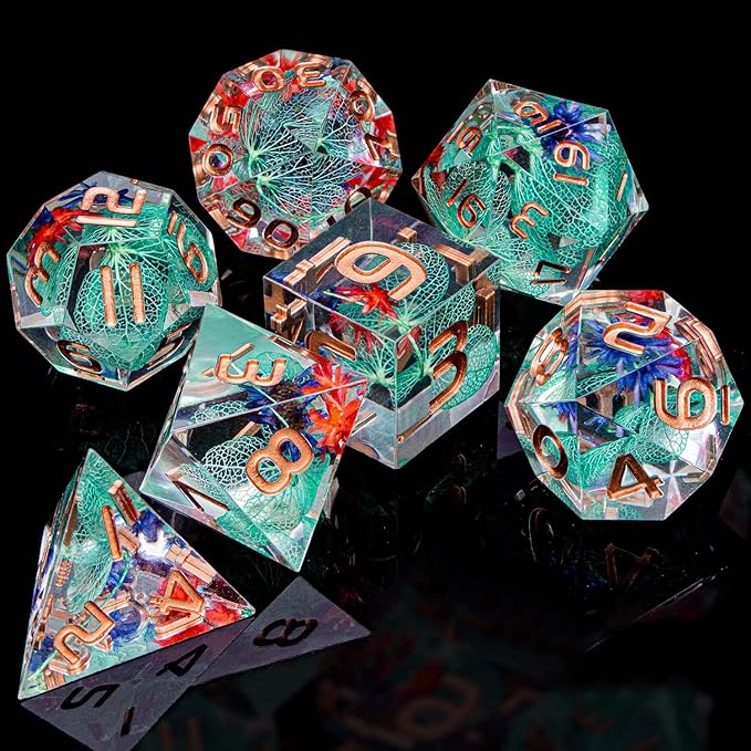 ARUOHHA DND Resin Dice Translucent Green Leaf Sharp Edged Dice Set with Box, 7pcs Flower Inclusions Polyhedral D and D Dice RPG Role Playing Game D20 D12 D10 D6