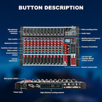 12 Channel Audio Mixer, Professional Music Mixer Board DJ Mixing Console with Bluetooth, USB/MP3 Player, Reverb, and 48V Phantom Power for Studio Recording, Karaoke, and Live Performances